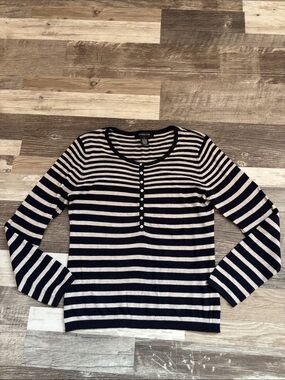 89th & Madison Navy and Cream Striped Henley Knit Top